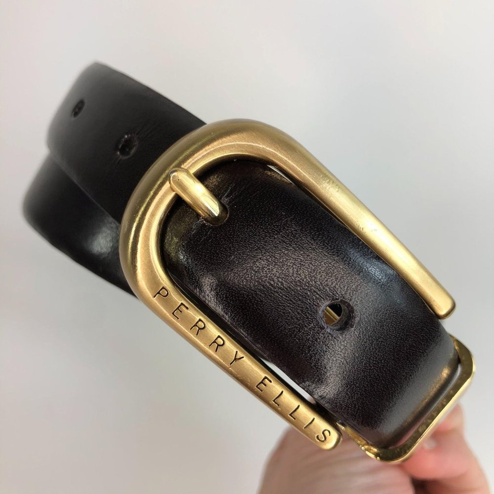 Perry Ellis Black Leather Belt Gold Buckle